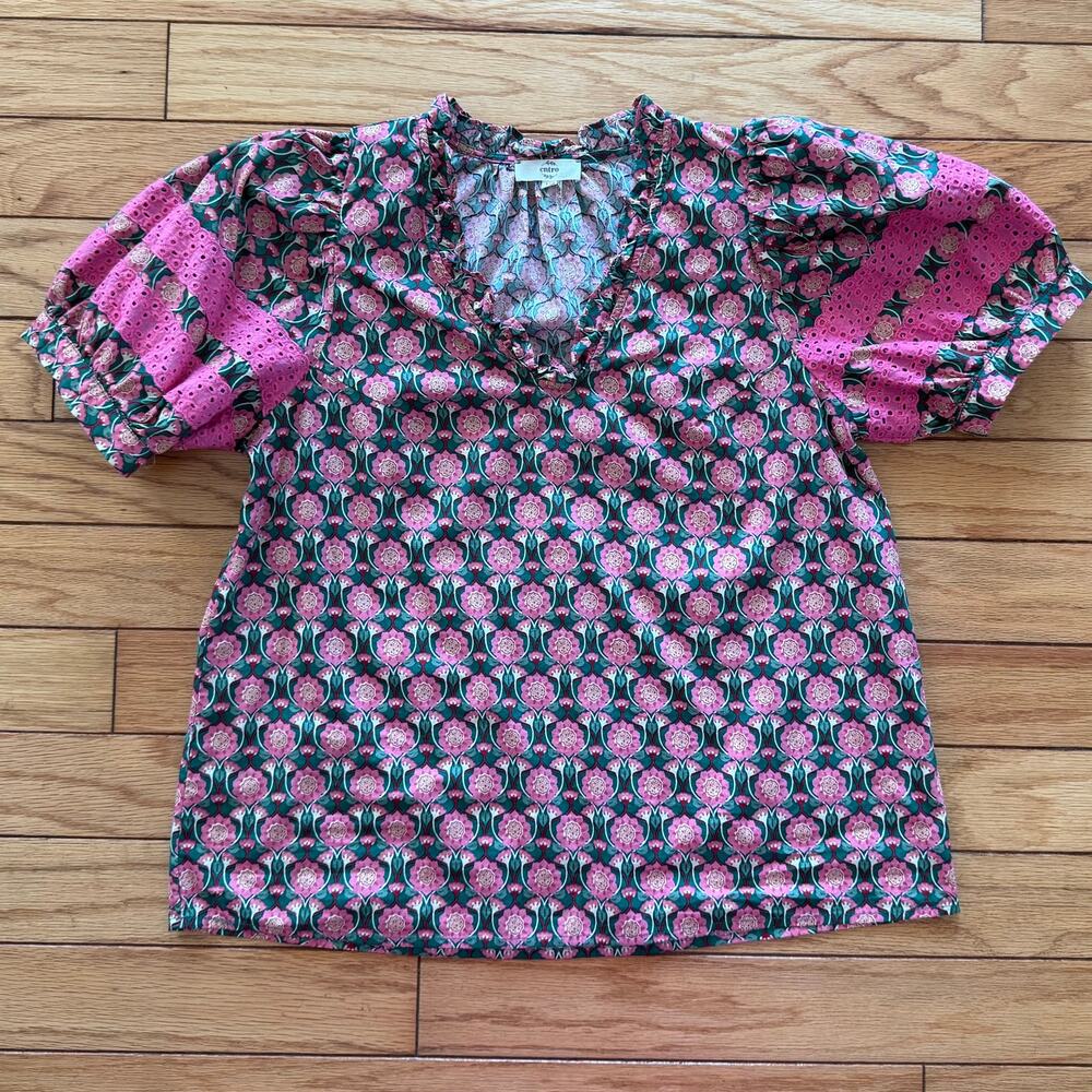 Entro Women's Medium Pink Green Floral Print Puff Sleeve V-Neck Top Ruffle Trim